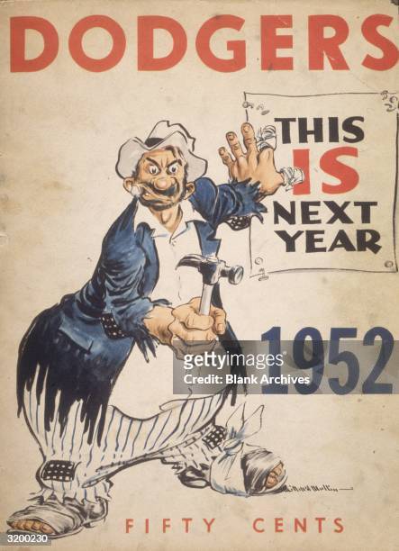 The cover of the 1952 Brooklyn Dodgers yearbook featuring a cartoon illustration of a hobo nailing a poster to a wall.
