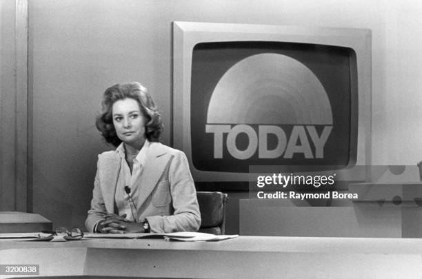 Promotional portrait of television journalist Barbara Walters on the set of the Today Show, New York City.