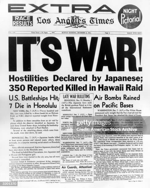 Front page of the Monday morning Extra edition of the Los Angeles Times, announcing the Japanese air attack on Pearl Harbor, Hawaii. The newspaper...