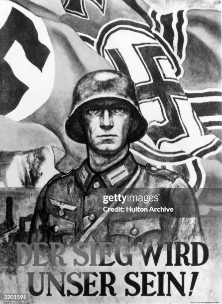 Nazi propaganda poster, showing a helmeted soldier in front of swastika flags, with the slogan in German, 'Victory Will be Ours'. World War II .