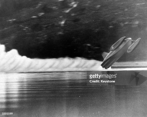 Donald Campbell's speed boat Bluebird crashing at Coniston Water in the Lake District. Campbell, who was killed in the accident, had been making the...