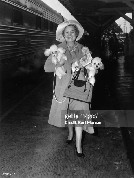 Full-length image of American actor Shirley Booth walking on a train platform while carrying her two toy poodles, Palm Beach, Florida.
