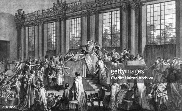Scene at St Cloud, showing the French revolution of 18th Brumaire, in which Sieyes, Ducos and Napoleon Bonaparte drew up a new constitution naming...