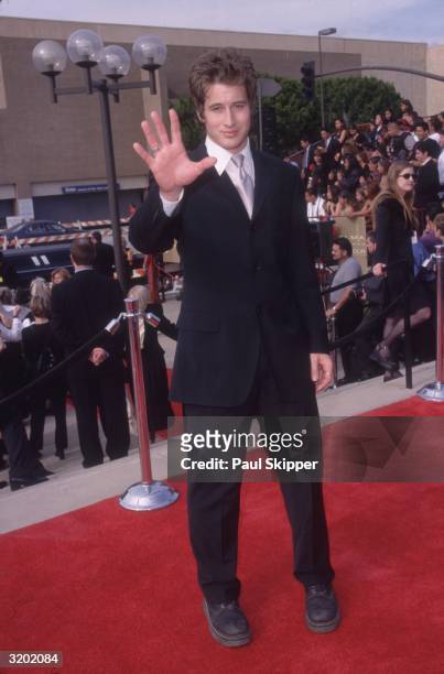 Full-length image of Canadian actor Brendan Fehr waving towards the camera at the ALMA Awards, Pasadena Civic Auditorium, Pasadena, California.