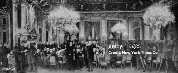 Illustration of world diplomats congregating beneath ornate chandeliers in the foyer and cloak room of the Palace of Versailles, France, Paris Peace...