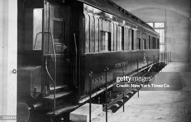 Exterior view of the dining car, no. 2419D, in which the German and Allied forces signed the armistice treaty ending World War I, in the forest of...