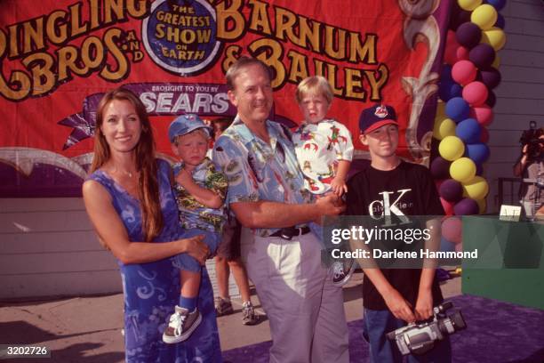 British-born actor Jane Seymour and fourth husband, American actor James Keach, and their children John, Kristopher and Sean pose outdoors at a...