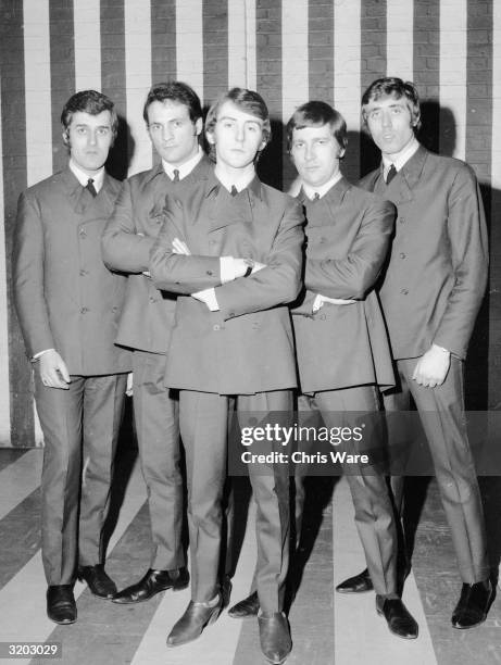 British pop group, The Moody Blues. Left to right : Ray Thomas, Mike Pinder, Denny Laine, Graeme Edge and Clint Warwick.