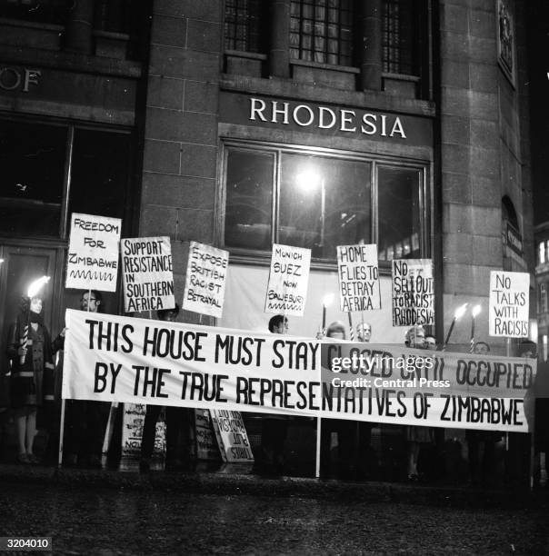Anti-apartheid demonstrators gathered at Rhodesia House in protest to the British Government's dealings with Rhodesia.