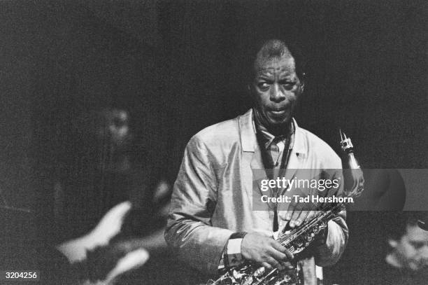 American alto saxophonist Ornette Coleman perspires heavily during a performance for the JVC Jazz Festival, Carnegie Hall, New York City. Coleman...