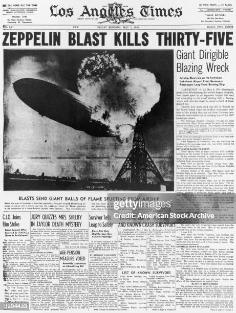 Front page of the 'Los Angeles Times,' announcing the previous day's explosion of the German-made dirigible, the 'Hindenburg'. A photograph shows the...