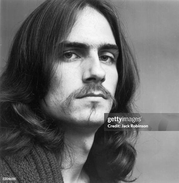 Headshot portrait of American folk musician James Taylor.