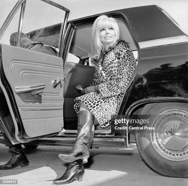 American singer Nancy Sinatra gets out of a car wearing a leopard skin coat and knee length boots.