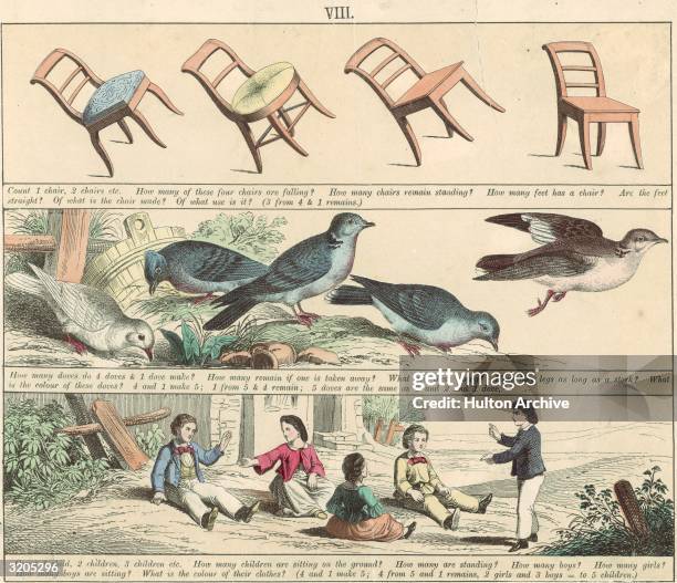 Page from a mid nineteenth-century children's textbook with hand-tinted illustrations of a set of chairs, five doves, and a group of children. Each...