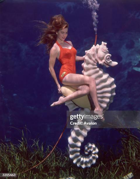 Professional mermaid posing on a plastic sea horse at an underwater show in Florida.