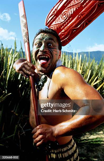 new zealand, south island,  maori warrior in traditional dress - maori tradition stock pictures, royalty-free photos & images