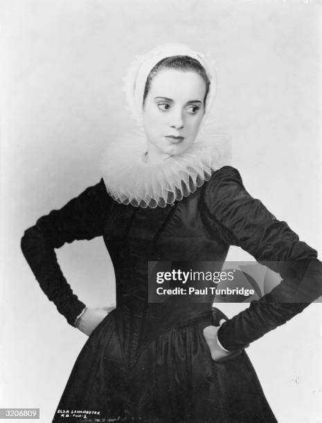 Elsa Lanchester wearing a ruff collar while portraying Hendrickje Stoffels in Alexander Korda's biopic of the artist Rembrandt.