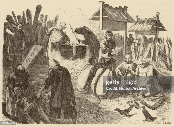 Illustration of cannibals taking the dead from coffins, cooking them, and eating them in the streets, Chinatown, San Francisco, from a German...