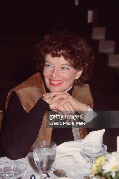 American actress Katharine Hepburn at a party for her Broadway musical, 'Coco'.