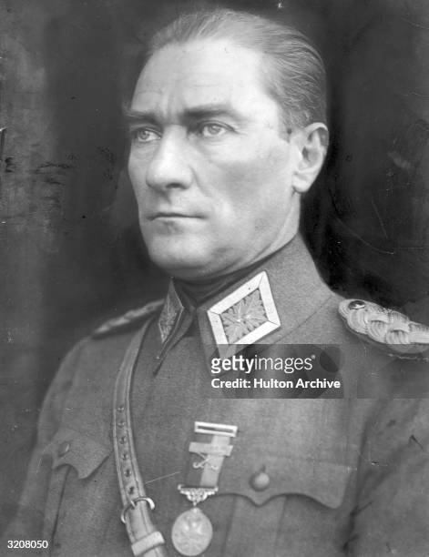 Portrait of Kemal Ataturk, the founder of the modern state of Turkey in 1923, wearing a military uniform. He was a general in World War I, and as...