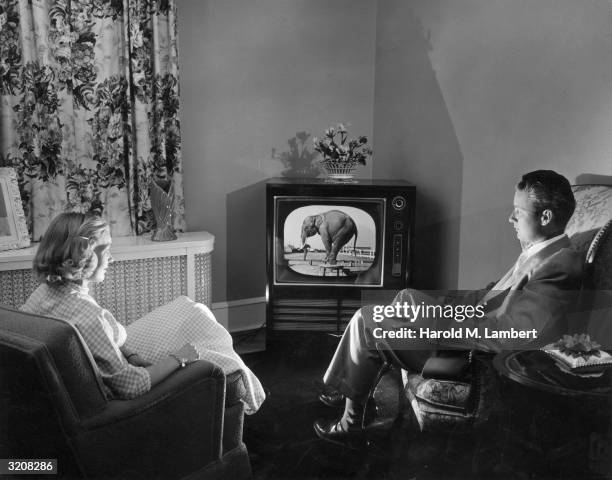Young couple watches television in a living room.