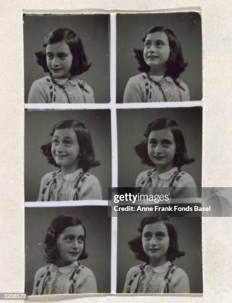 Series of six studio portraits of Anne Frank at age ten looking in different directions taken from her photo album, Amsterdam, Holland.