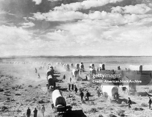 Production still, which was used on a lobby card for Henry Hathaway's 1940 film. 'Brigham Young', depicting members of the Mormon Church migrating to...