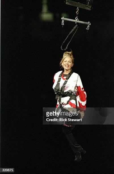 Woman is lowered from the rafters during a Stanley Cup Finals game between the Detroit Red Wings and the Washington Capitals at the Joe Louis Arena...