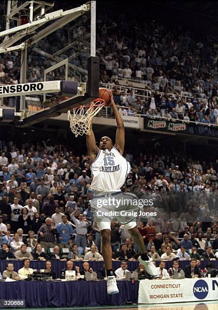Guard Vince Carter of the North Carolina Tar Heels in action during an NCAA Tournament game against the Connecticut Huskies at the Greensboro...