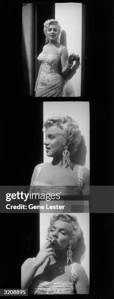 Contact sheet showing three photographs of American actor Marilyn Monroe posing in a white beaded gown on the parking lot of the 20th Century Fox...