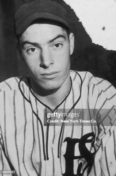 Headshot portrait of baseball player Joe DiMaggio in his San Francisco Seals uniform.