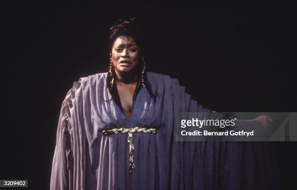 Jessye Norman, American opera singer and soprano star of the New York Metropolitan Opera, seen here performing in Berlioz's opera 'The Trojans'.