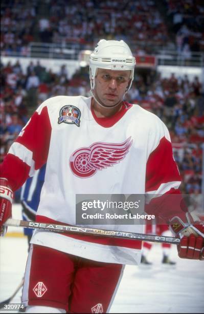 Viacheslav Fetisov of the Detroit Red Wings looks on during a Stanley Cup Finals game against the Washington Capitals at the Joe Louis Arena in...