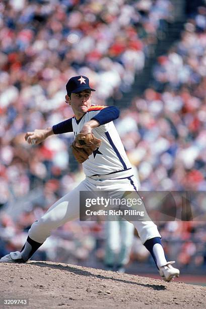 Pitcher Nolan Ryan of the Houston Astros on the mound during a 1981 season game against the Chicago Cubs at Wrigley Field in Chicago, Illinois.