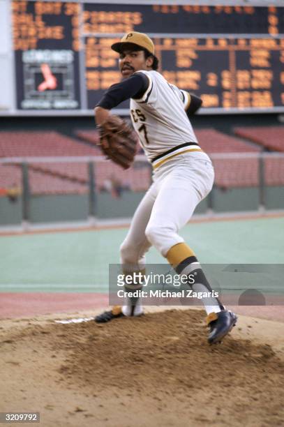 Pitcher Dock Ellis of the Pittsburgh Pirates pitches during a game in July of 1973 against the San Francisco Giants at Candlestick Park in San...