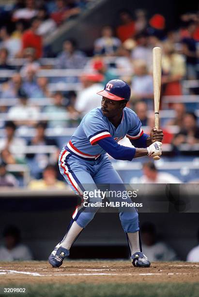 Mickey Rivers of the Texas Rangers at bat against the New York Yankees during the 1981 season at Yankee Stadium in Bronx, New York.
