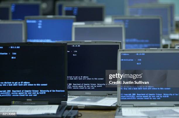 Rows of laptop computers are set up for Flashmob 1, the first flashmob supercomputer April 3, 2004 at the University of San Francisco in San...