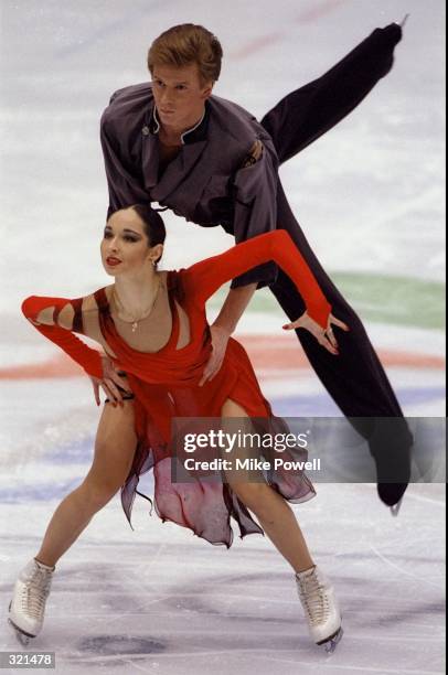 Anjelika Krylova and Oleg Ovsyannikov of Russia compete in the ice dance competition during the Winter Olympics in Nagano, Japan. The pair won the...