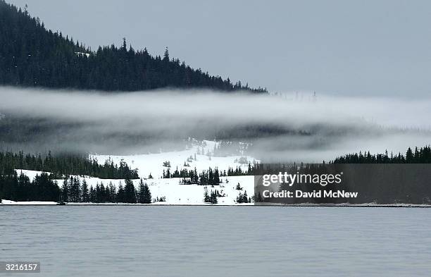 Mist hovers near the former copper mining and fishing village of Ellamar in Prince Willam Sound on April 4, 2004 near Valdez, Alaska. Fifteen years...