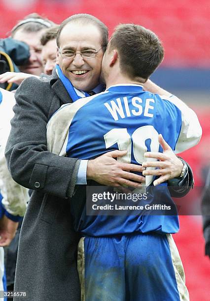 Dennis Wise of Millwall celebrates with his chairman Theo Paphitis after the FA Cup Semi Final match between Sunderland and Millwall at Old Trafford...