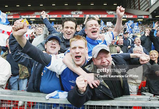 Millwall fans celebrate their win after the FA Cup Semi Final match between Sunderland and Millwall at Old Trafford on April 4, 2004 in Manchester,...