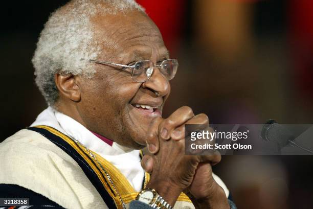 Archbishop Desmond Tutu speaks during the Palm Sunday mass at St. Sabina's church April 4, 2004 in Chicago, Illinois.Civil rights leader Rev. Jesse...