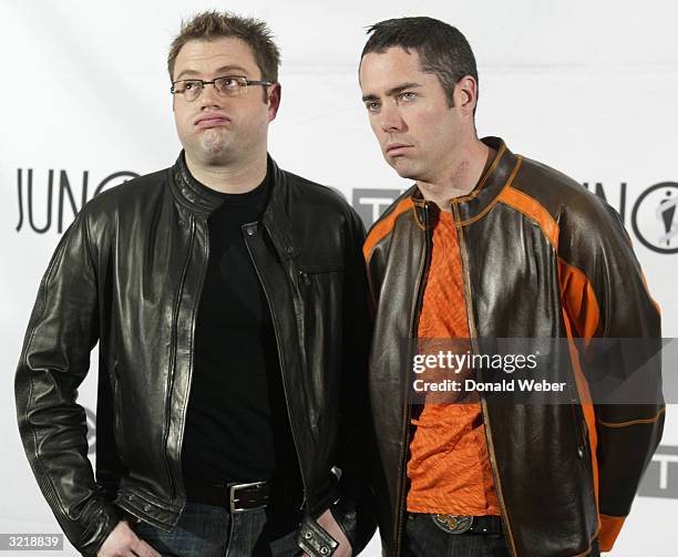 Musicians Stephen Page and Ed Robertson of the Barenaked Ladies stand backstage during the JUNO Awards ceremony at the Rexall Centre April 4, 2004 in...