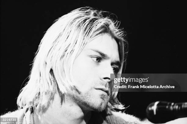 American singer and guitarist Kurt Cobain , performs with his group Nirvana at a taping of the television program 'MTV Unplugged,' New York, New...