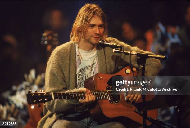 American singer and guitarist Kurt Cobain , performs with his group Nirvana at a taping of the television program 'MTV Unplugged,' New York, New...