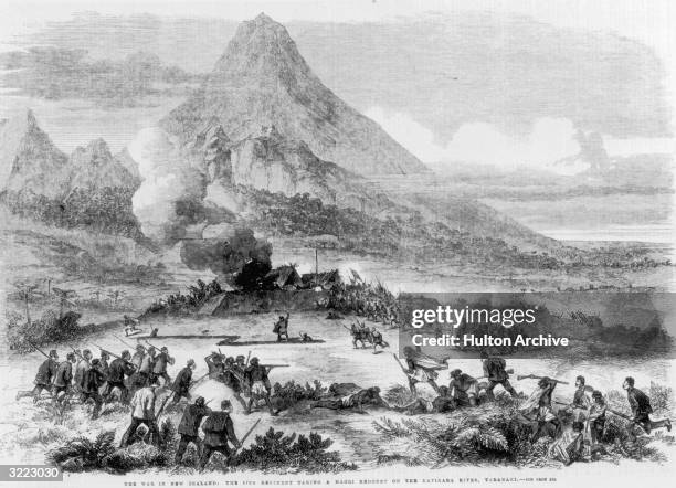 British soldiers of the 57th Regiment taking a Maroi redoubt on the Katikara River, Taranaki, during the Maori Wars, 1863.