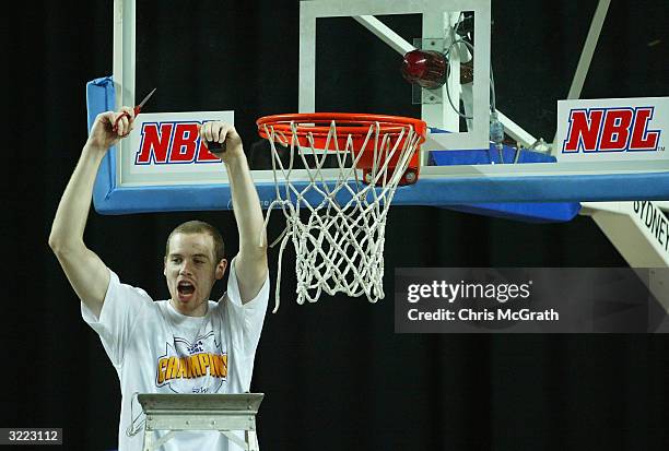 Bradley Sheridan of the Kings celebrates after they defeated the Razorbacks during Game five of the NBL Finals series between the Sydney Kings and...