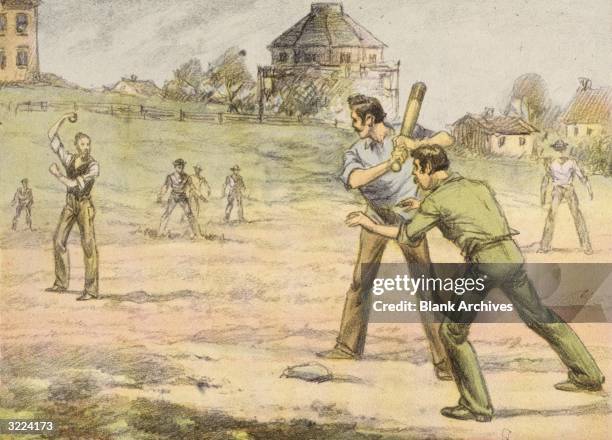 Illustration of a batter taking a pitch during a baseball game at Baylor University, Texas. The Baylor team was the first college team in the state...