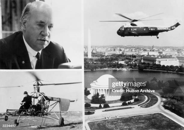 Three photographs, clockwise from top left: headshot of Russian-born American aeronautical engineer Igor I. Sikorsky, c. 1964; aerial view of a...