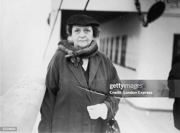 American social reformer and politician Frances Perkins , the Secretary of Labour in Roosevelt's cabinet, arriving in Plymouth aboard US liner...